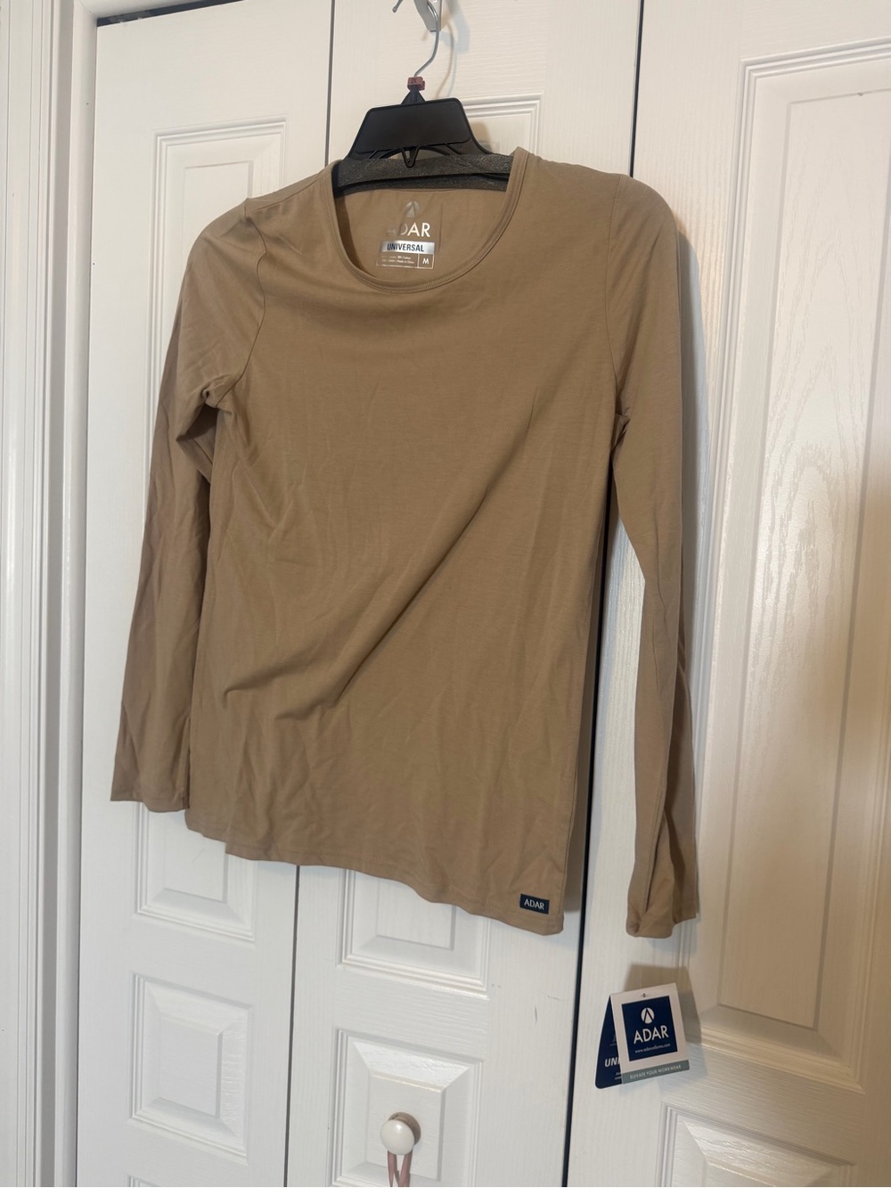 ADAR Long Sleeve Crew Neck Top in khaki, under scrub top
